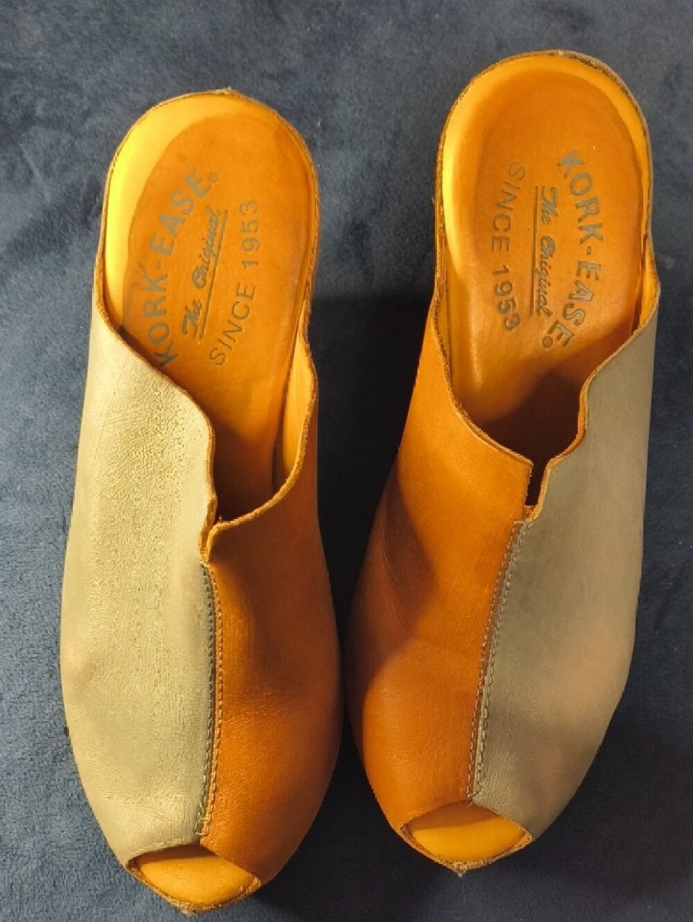 Kork-Ease Two-Tone Leather Peep-Toe Wedge Mules in Tan & Grayish Blue - Picture 4 of 5